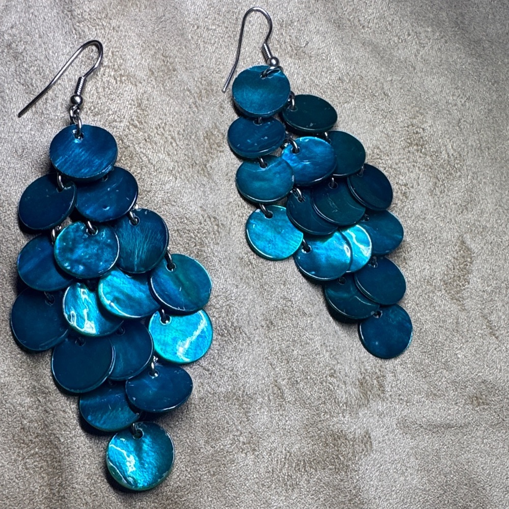Teal Disc Cascade Shell Dangle Earrings - Fashion Jewelry